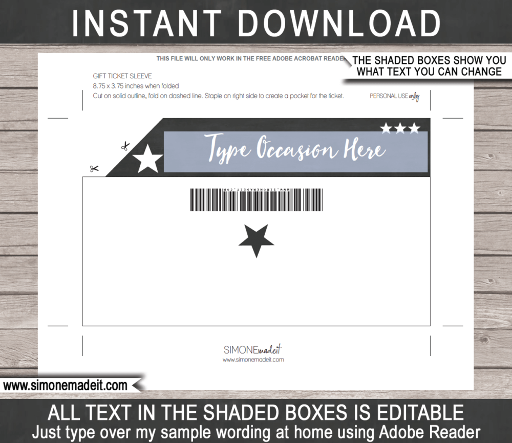 Editable Concert Ticket Gift Pocket Sleeve template for tickets, gift vouchers, certificates, cards or money | DIY Printable Template | INSTANT DOWNLOAD via giftsbysimonemadeit.com
