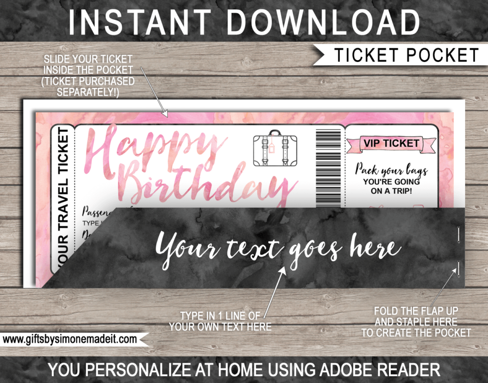 Pink Birthday Travel Ticket Gift Voucher Pocket Sleeve Template | Printable Envelope / Holder | DIY Editable Text | INSTANT DOWNLOAD via gftsbysimonemadeit.com