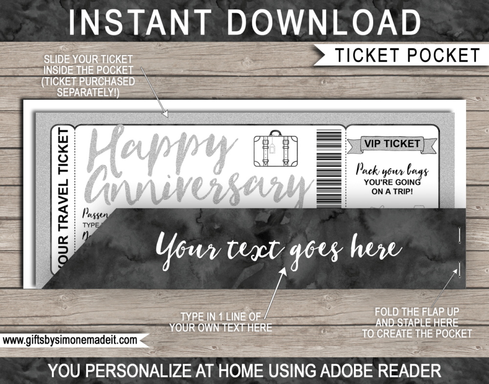 Silver Anniversary Travel Ticket Gift Voucher Pocket Sleeve Template | Printable Envelope / Holder | DIY Editable Text | INSTANT DOWNLOAD via gftsbysimonemadeit.com