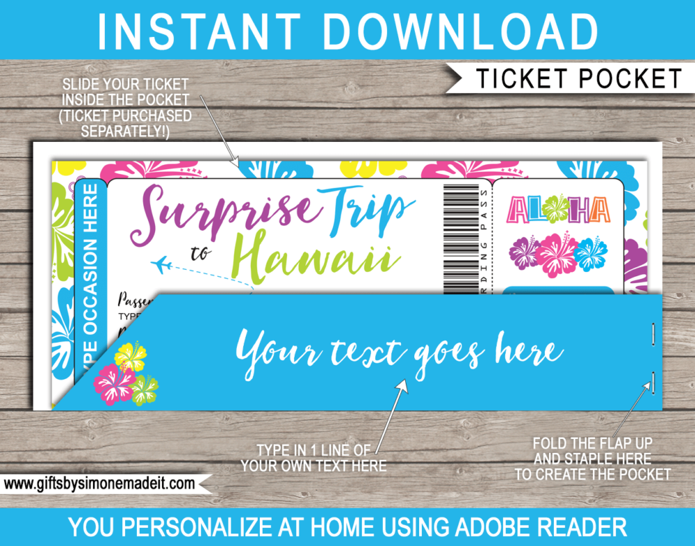Printable Hawaii Plane Ticket Jacket Template | Surprise Trip Boarding Pass Sleeve, Envelope, Holder | Vacation Reveal Gift Idea | DIY Editable Text | INSTANT DOWNLOAD via giftsbysimonemadeit.com