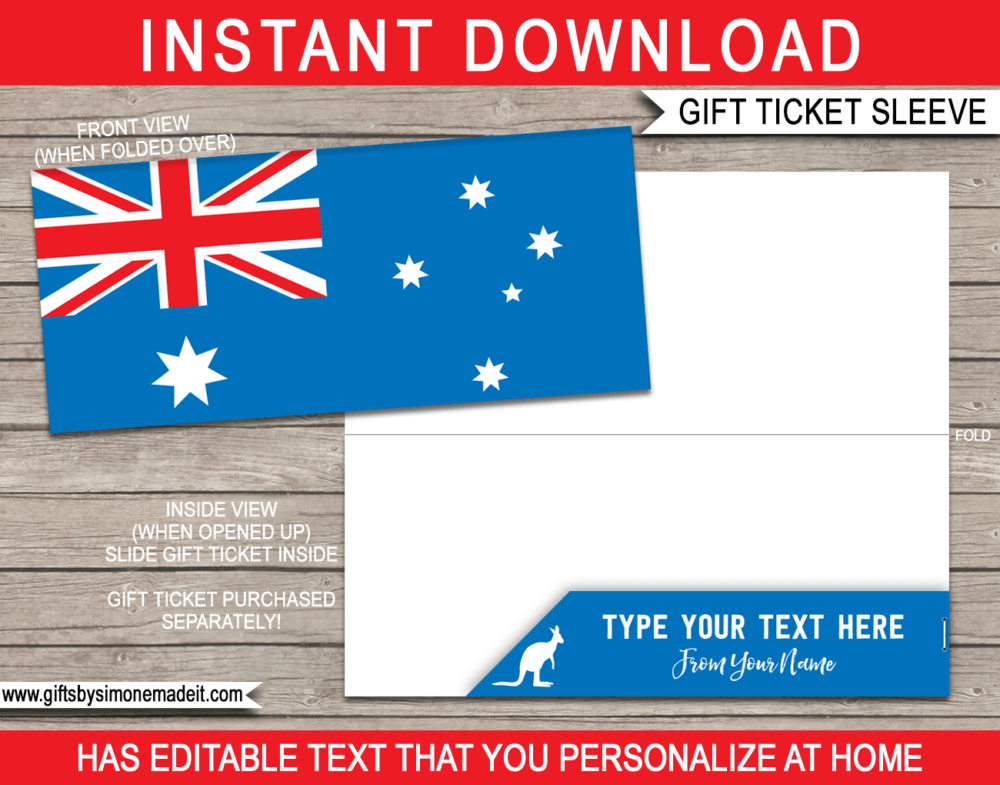 Australia Travel Ticket Sleeve Template | Printable Boarding Pass Gift Holder | DIY Editable Text | INSTANT DOWNLOAD via giftsbysimonemadeit.com