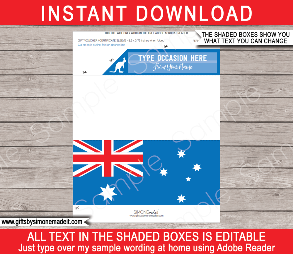 Australia Travel Ticket Sleeve Template | Printable Boarding Pass Gift Holder | DIY Editable Text | INSTANT DOWNLOAD via giftsbysimonemadeit.com