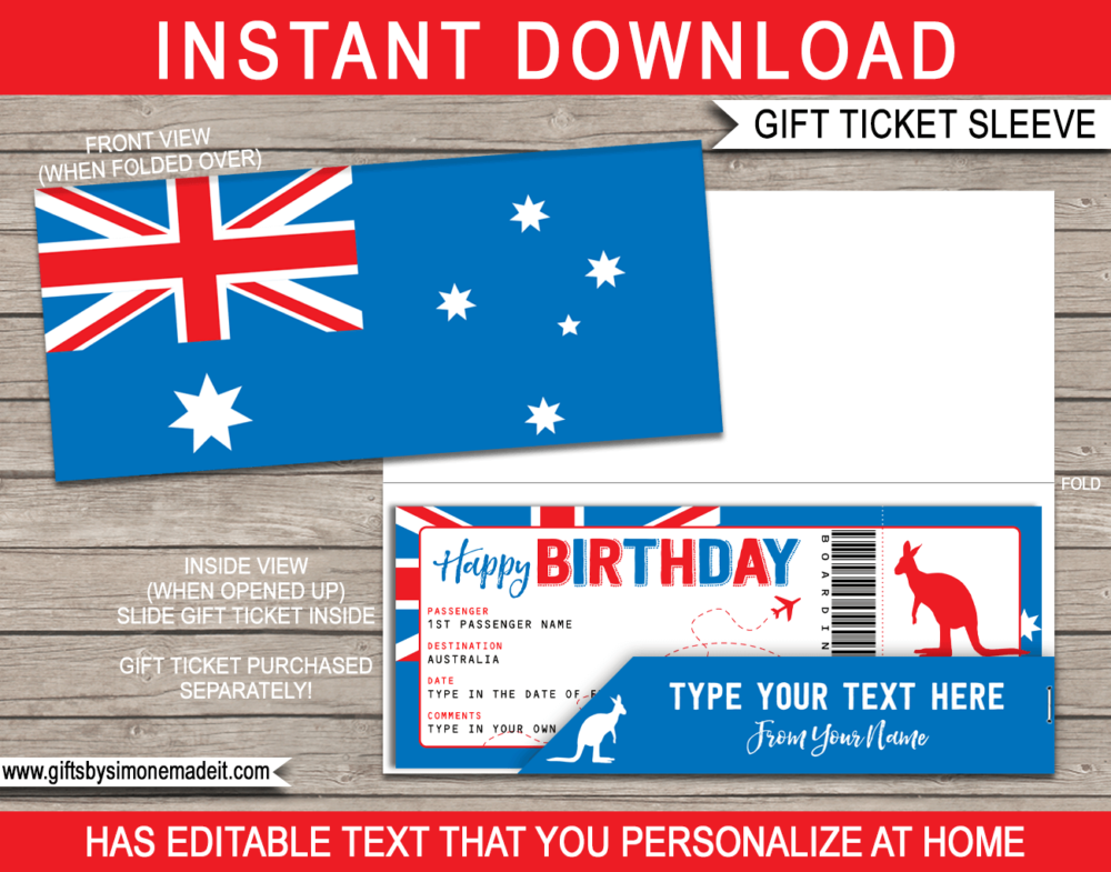 Printable Australia Birthday Travel Ticket Sleeve Template | Printable Boarding Pass Gift Holder | DIY Editable Text | INSTANT DOWNLOAD via giftsbysimonemadeit.com