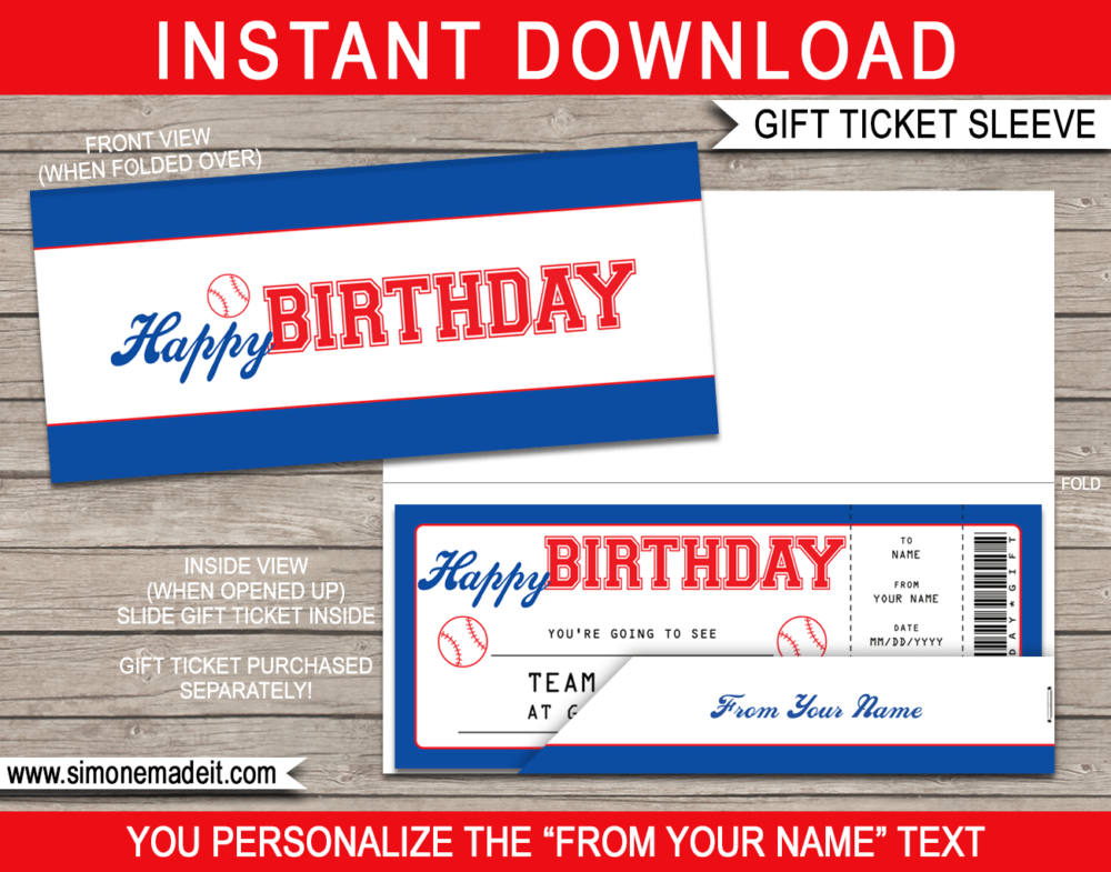 Birthday Baseball Game Ticket Gift Sleeve - DIY Editable & Printable Template - INSTANT DOWNLOAD via giftsbysimonemadeit.com