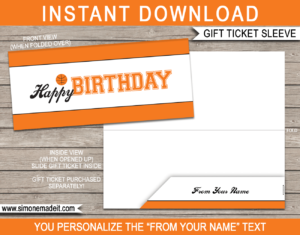 Basketball Birthday Sports Game Ticket Gift Sleeve - DIY Editable & Printable Template - INSTANT DOWNLOAD via giftsbysimonemadeit.com