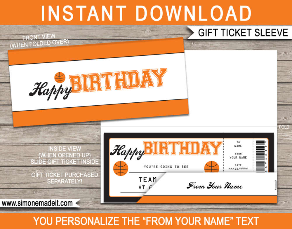 Birthday Basketball Game Ticket Gift Sleeve - DIY Editable & Printable Template - INSTANT DOWNLOAD via giftsbysimonemadeit.com