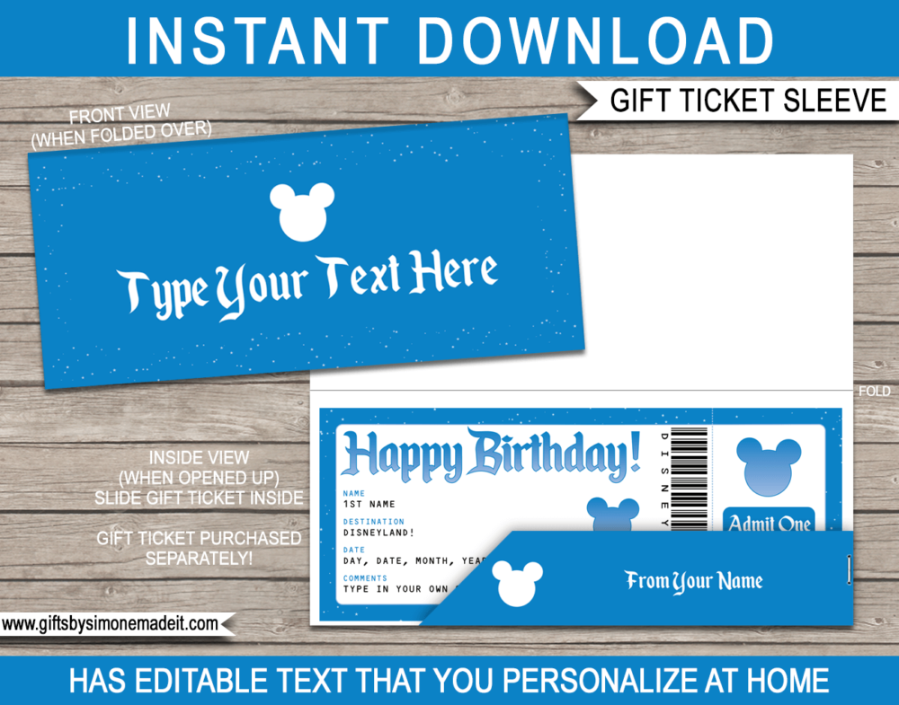 Printable Disneyland Birthday Gift Voucher Sleeve Template | Ticket Pocket, Envelope, Holder | DIY Editable Text | INSTANT DOWNLOAD via giftsbysimonemadeit.com