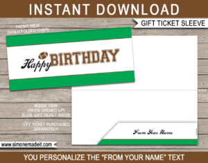 Football Birthday Sports Game Ticket Gift Sleeve - DIY Editable & Printable Template - INSTANT DOWNLOAD via giftsbysimonemadeit.com