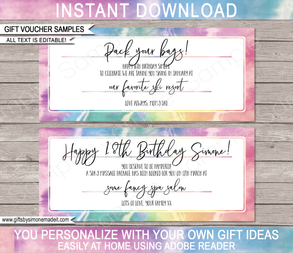 Birthday Tie Dye Gift Certificate Template | Printable Gift Voucher | Custom Gift Idea | Teenager Tween Kids Family | DIY Editable Text | INSTANT DOWNLOAD via giftsbysimonemadeit.com