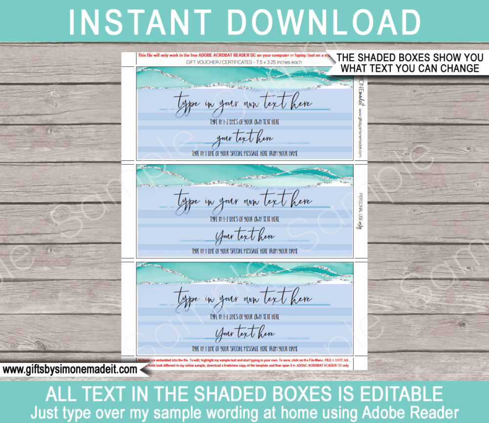 Birthday Gift Voucher Template | Aqua Agate Geode Watercolor | Printable Gift Certificate | Custom Gift Idea | DIY Editable Text | INSTANT DOWNLOAD via giftsbysimonemadeit.com