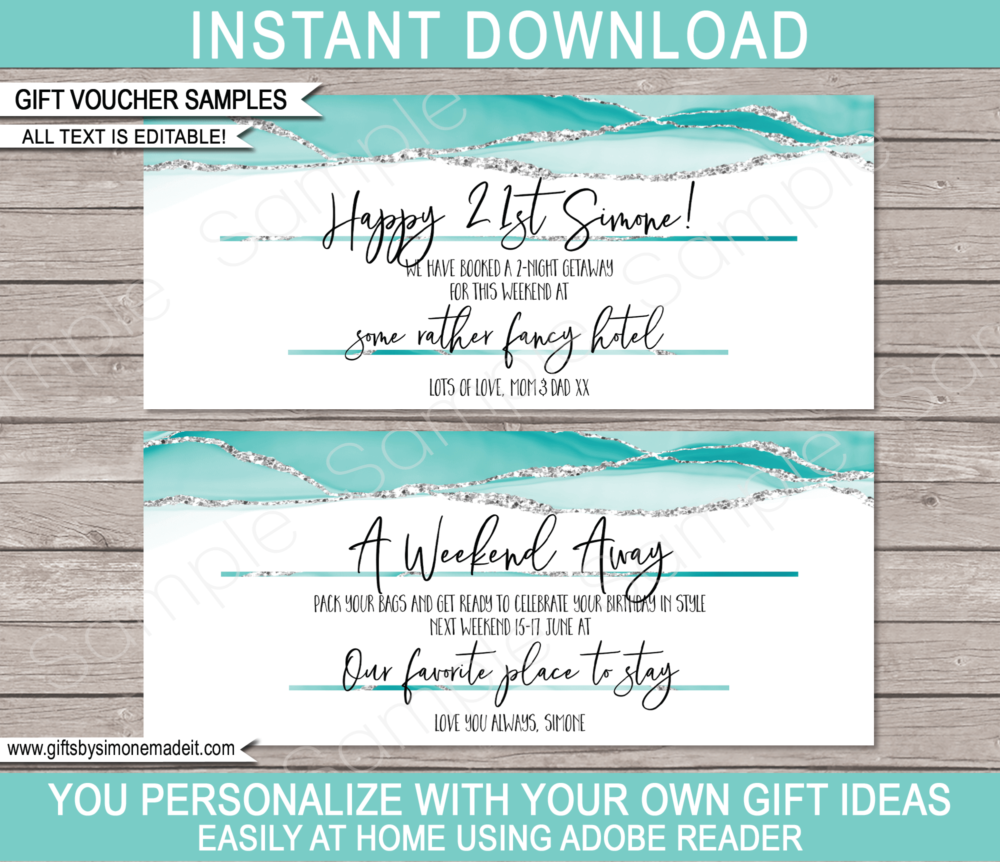 Aqua Printable Birthday Gift Voucher Templates | Agate Geode Watercolor | Gift Certificate | Custom Gift Idea | DIY Editable Text | INSTANT DOWNLOAD via giftsbysimonemadeit.com