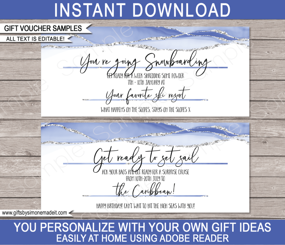 Blue Printable Birthday Gift Voucher Templates | Agate Geode Watercolor | Gift Certificate | Custom Gift Idea | DIY Editable Text | INSTANT DOWNLOAD via giftsbysimonemadeit.com