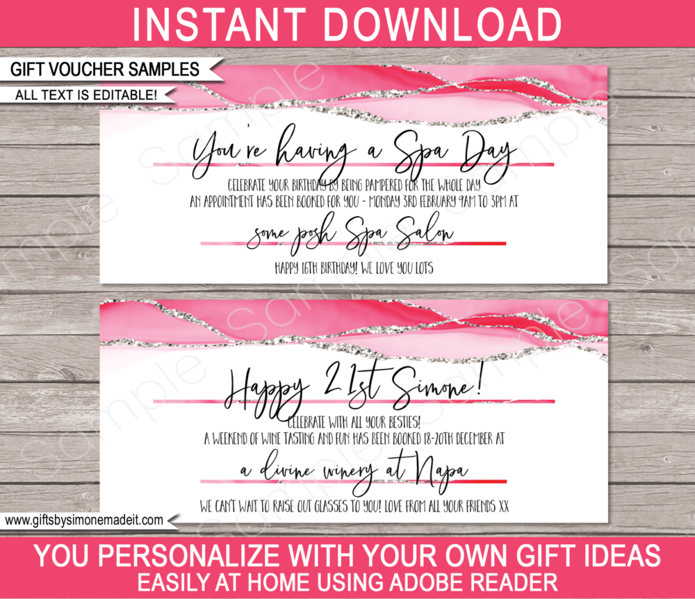 Pink Printable Birthday Gift Voucher Templates | Agate Geode Watercolor | Gift Certificate | Custom Gift Idea | DIY Editable Text | INSTANT DOWNLOAD via giftsbysimonemadeit.com
