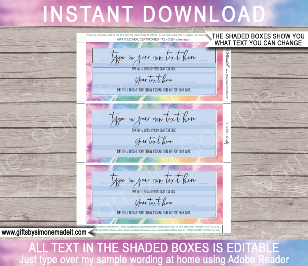 Birthday Tie Dye Gift Voucher Template with Editable Text | Printable Gift Certificate | Custom Gift Idea | Teenager Tween Kids Family | DIY Editable Text | INSTANT DOWNLOAD via giftsbysimonemadeit.com