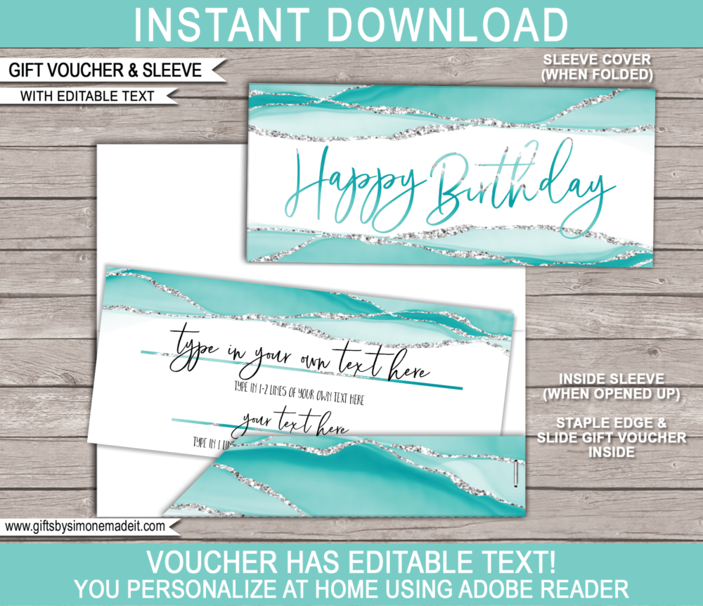 Birthday Gift Voucher Template | Aqua Agate Geode Watercolor | Printable Gift Certificate | Custom Gift Idea | DIY Editable Text | INSTANT DOWNLOAD via giftsbysimonemadeit.com