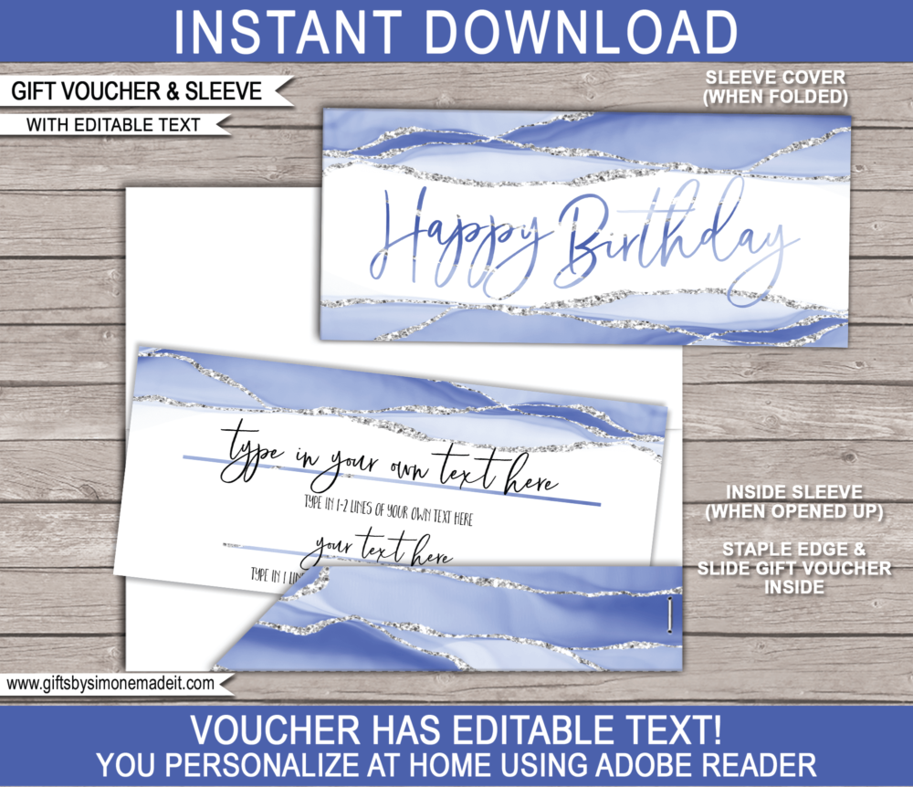 Birthday Gift Voucher Template | Blue Agate Geode Watercolor | Printable Gift Certificate | Custom Gift Idea | DIY Editable Text | INSTANT DOWNLOAD via giftsbysimonemadeit.com