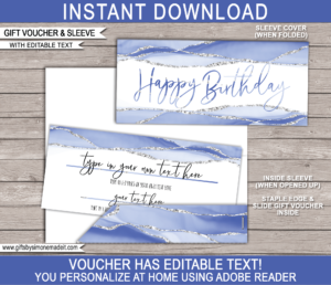 Birthday Gift Voucher Template | Blue Agate Geode Watercolor | Printable Gift Certificate | Custom Gift Idea | DIY Editable Text | INSTANT DOWNLOAD via giftsbysimonemadeit.com