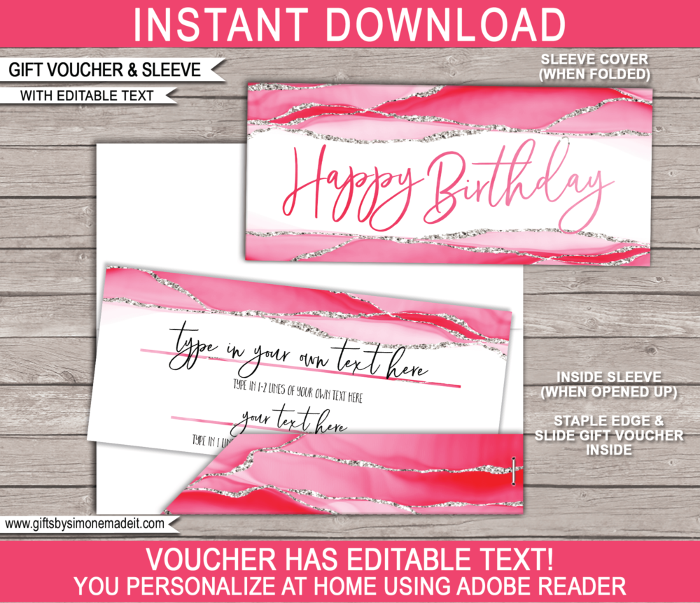 Birthday Gift Voucher Template | Pink Agate Geode Watercolor | Printable Gift Certificate | Custom Gift Idea | DIY Editable Text | INSTANT DOWNLOAD via giftsbysimonemadeit.com