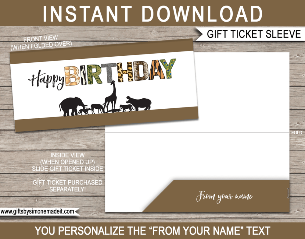 Birthday Zoo Gift Ticket Sleeve Template | Printable Zoo Ticket Holder | Animal Park | Petting Zoo | DIY Editable Text | INSTANT DOWNLOAD via giftsbysimonemadeit.com