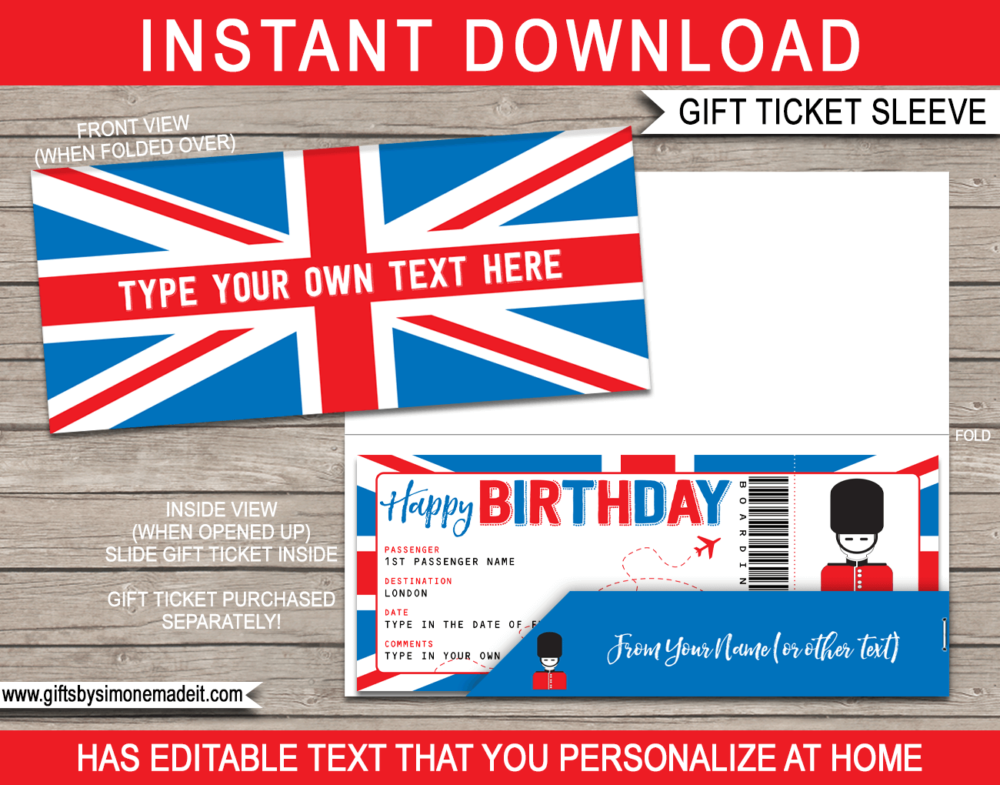 Printable London Birthday Travel Ticket Sleeve Template | Printable Boarding Pass Gift Holder | England UK | DIY Editable Text | INSTANT DOWNLOAD via giftsbysimonemadeit.com
