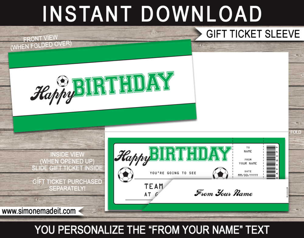 Birthday Soccer Game Ticket Gift Sleeve - DIY Editable & Printable Template - INSTANT DOWNLOAD via giftsbysimonemadeit.com