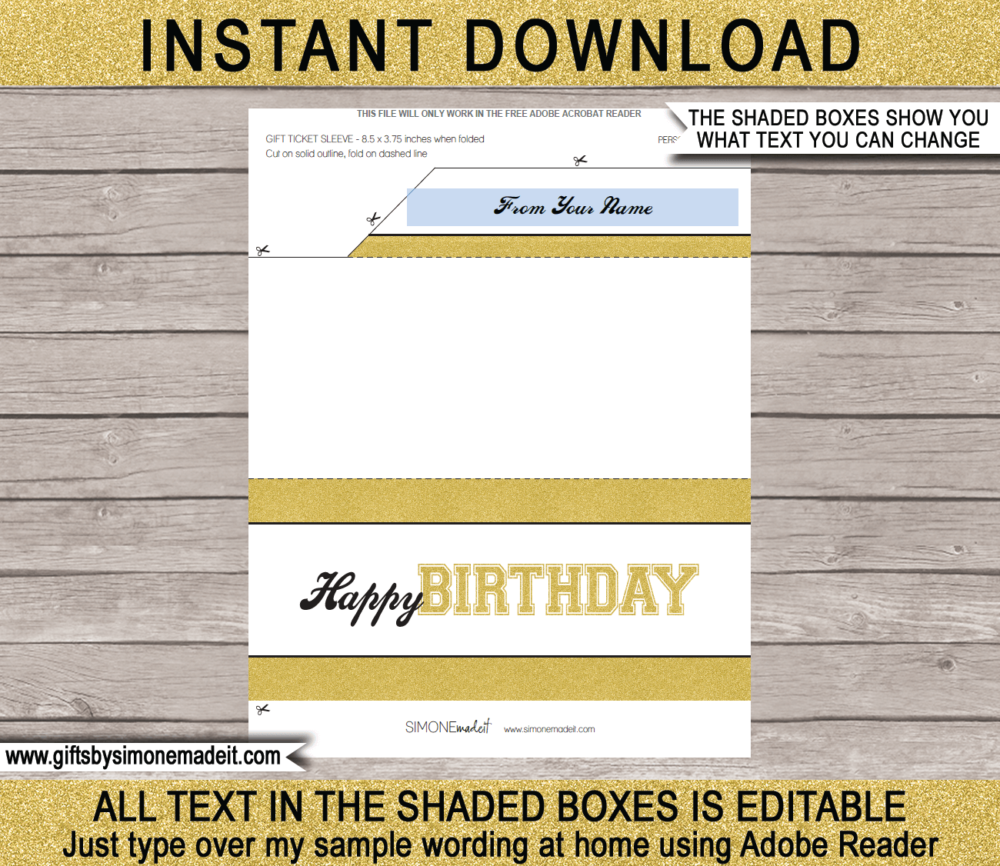 Editable Birthday Sports Game Ticket Gift Sleeve - DIY Printable Template - INSTANT DOWNLOAD via giftsbysimonemadeit.com
