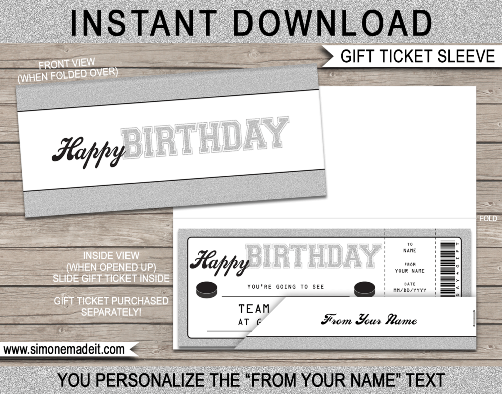 Silver Birthday Hockey Game Ticket Gift Sleeve - DIY Editable & Printable Template - INSTANT DOWNLOAD via giftsbysimonemadeit.com