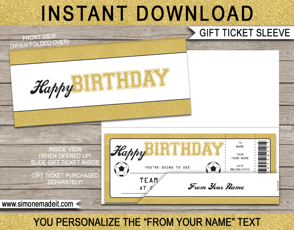 Gold Birthday Soccer Game Ticket Gift Sleeve - DIY Editable & Printable Template - INSTANT DOWNLOAD via giftsbysimonemadeit.com