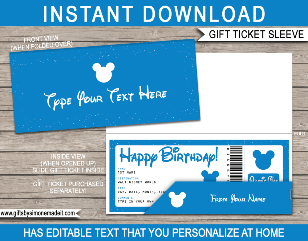 Printable Birthday Walt Disney World Gift Voucher Sleeve Template | Ticket Pocket, Envelope, Holder | DIY Editable Text | INSTANT DOWNLOAD via giftsbysimonemadeit.com