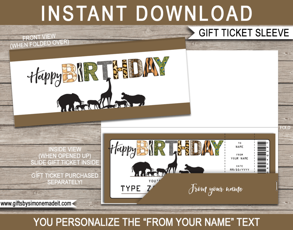 Birthday Zoo Gift Ticket & Sleeve Template | Animal Park | Petting Zoo | DIY Editable Text | INSTANT DOWNLOAD via giftsbysimonemadeit.com
