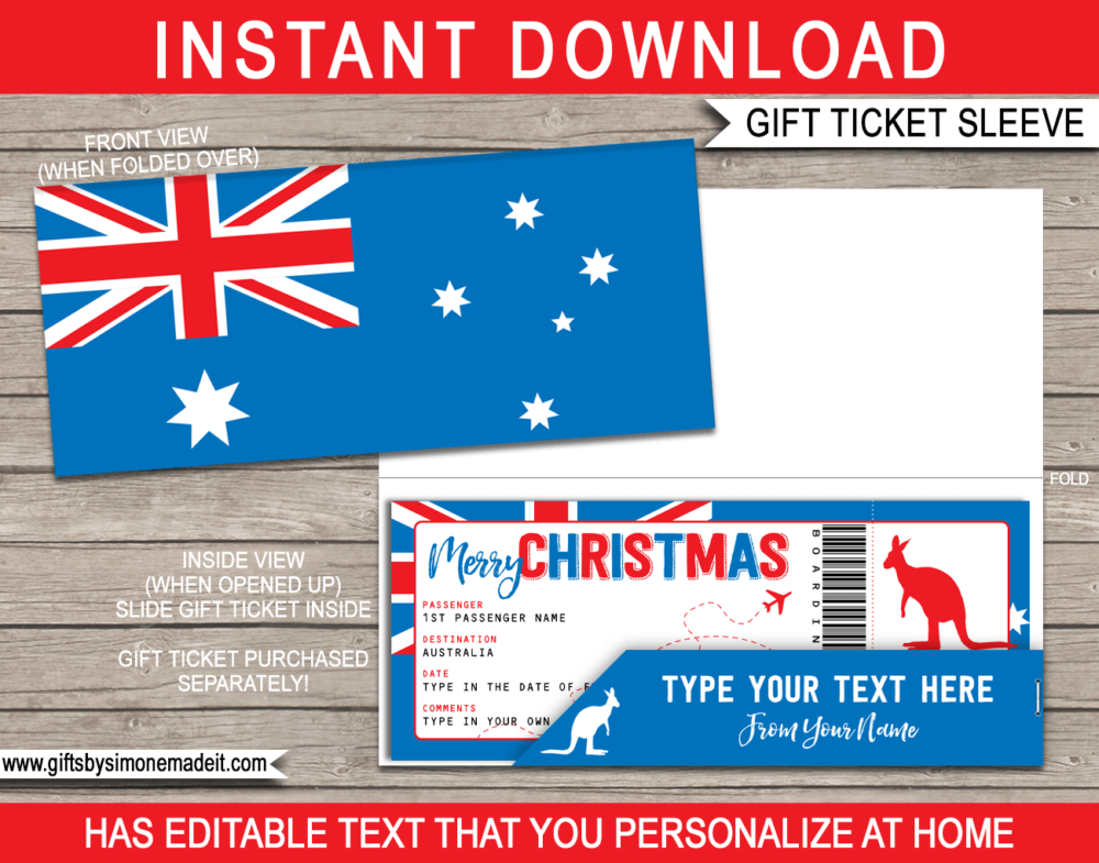 Printable Australia Christmas Travel Ticket Sleeve Template | Printable Boarding Pass Gift Holder | DIY Editable Text | INSTANT DOWNLOAD via giftsbysimonemadeit.com