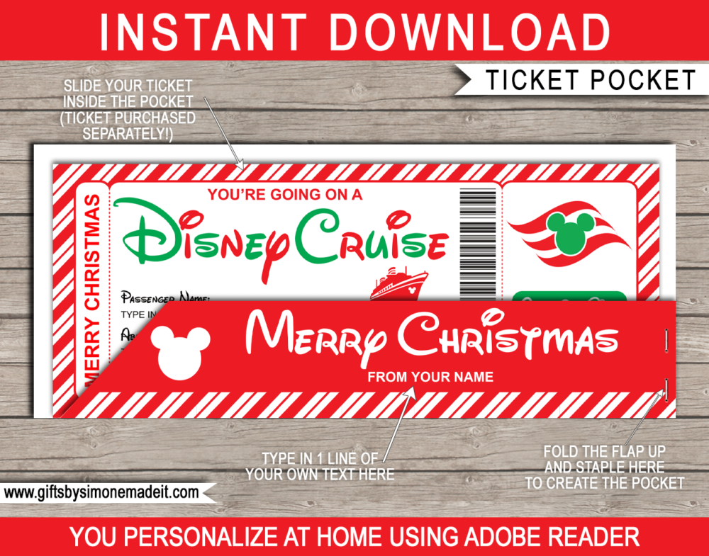 Christmas Disney Cruise Ticket Sleeve Template | Gift Voucher Pocket | Envelope Holder | INSTANT DOWNLOAD via giftsbysimonemadeit.com