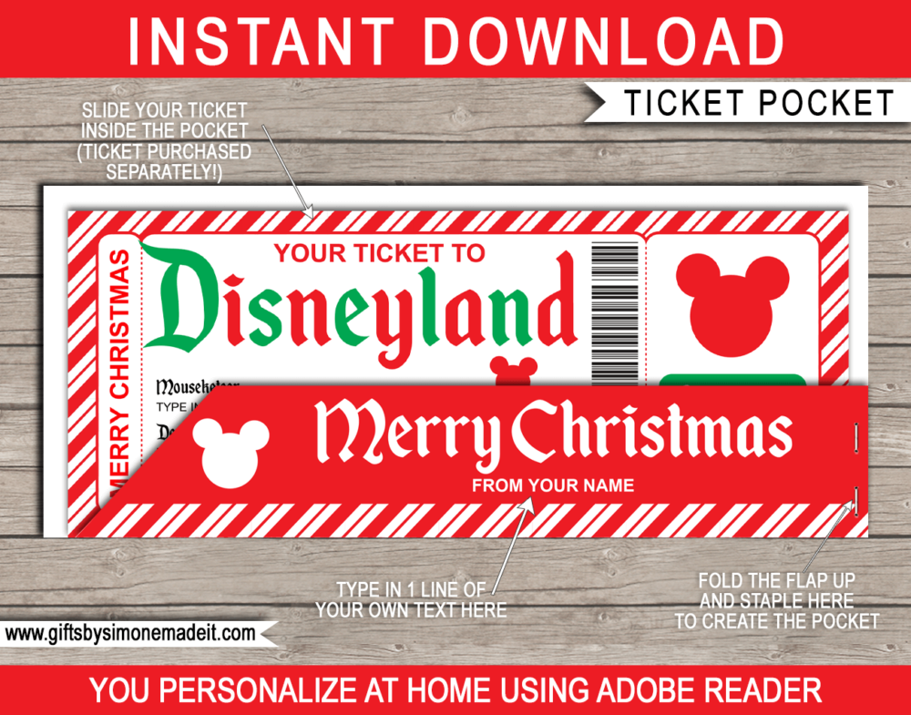 Christmas Disneyland Theme Park Ticket Sleeve Template | Gift Voucher Pocket | Envelope Holder | INSTANT DOWNLOAD via giftsbysimonemadeit.com