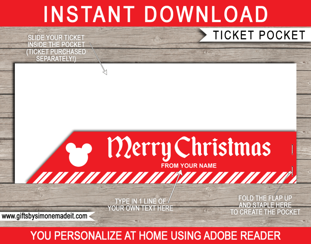 Christmas Disneyland Theme Park Ticket Sleeve Template | Gift Voucher Pocket | Envelope Holder | INSTANT DOWNLOAD via giftsbysimonemadeit.com