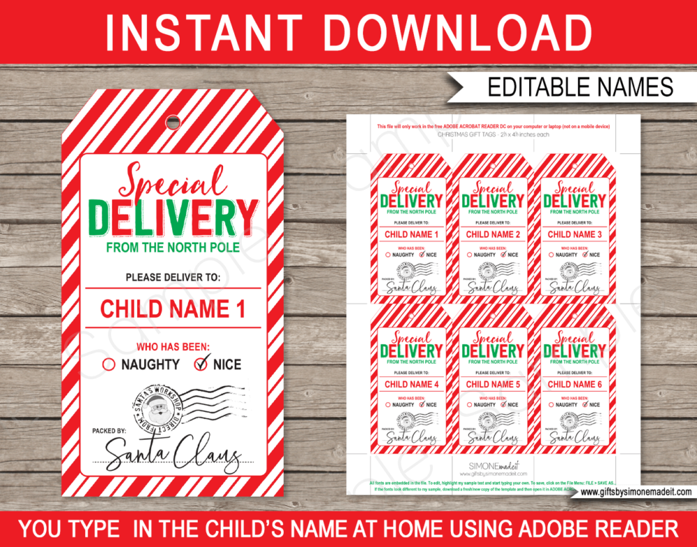 Christmas Special Delivery Gift Tags Printable Template | Custom Tags from Santa's Workshop in the North Pole | Santa Claus | DIY Editable Text | INSTANT DOWNLOAD via giftsbysimonemadeit.com