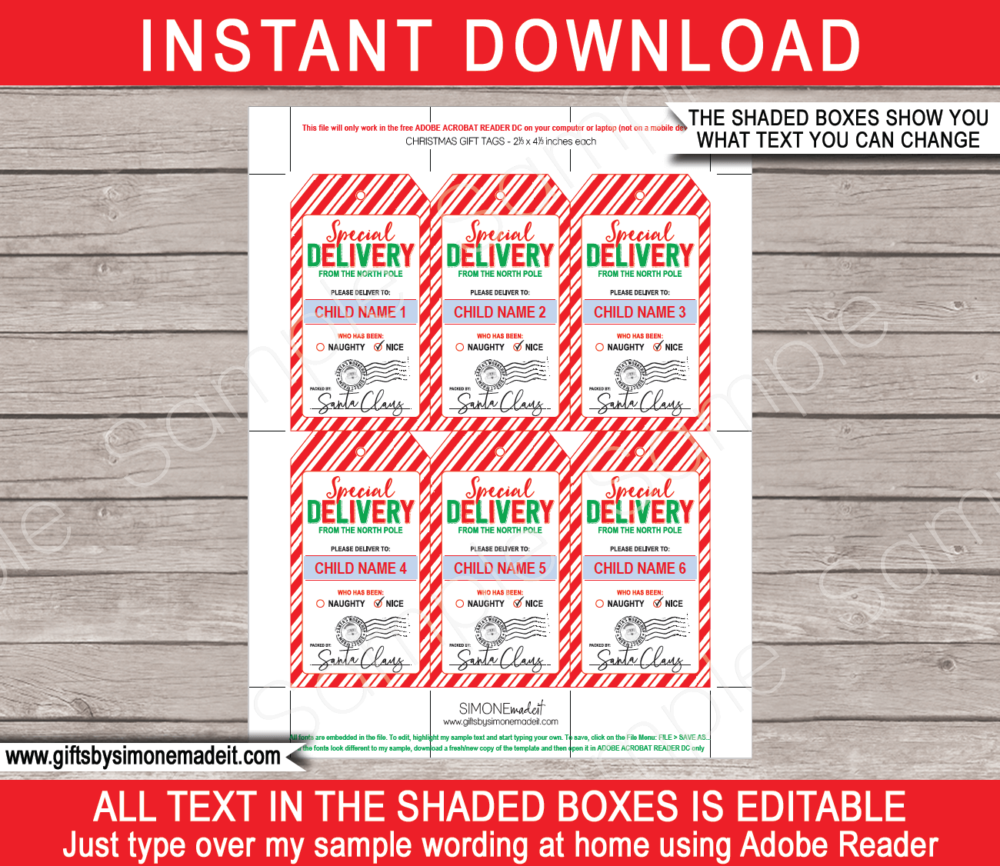 Editable Christmas Special Delivery Gift Tags Printable Template | Custom Tags from Santa's Workshop in the North Pole | Santa Claus | INSTANT DOWNLOAD via giftsbysimonemadeit.com