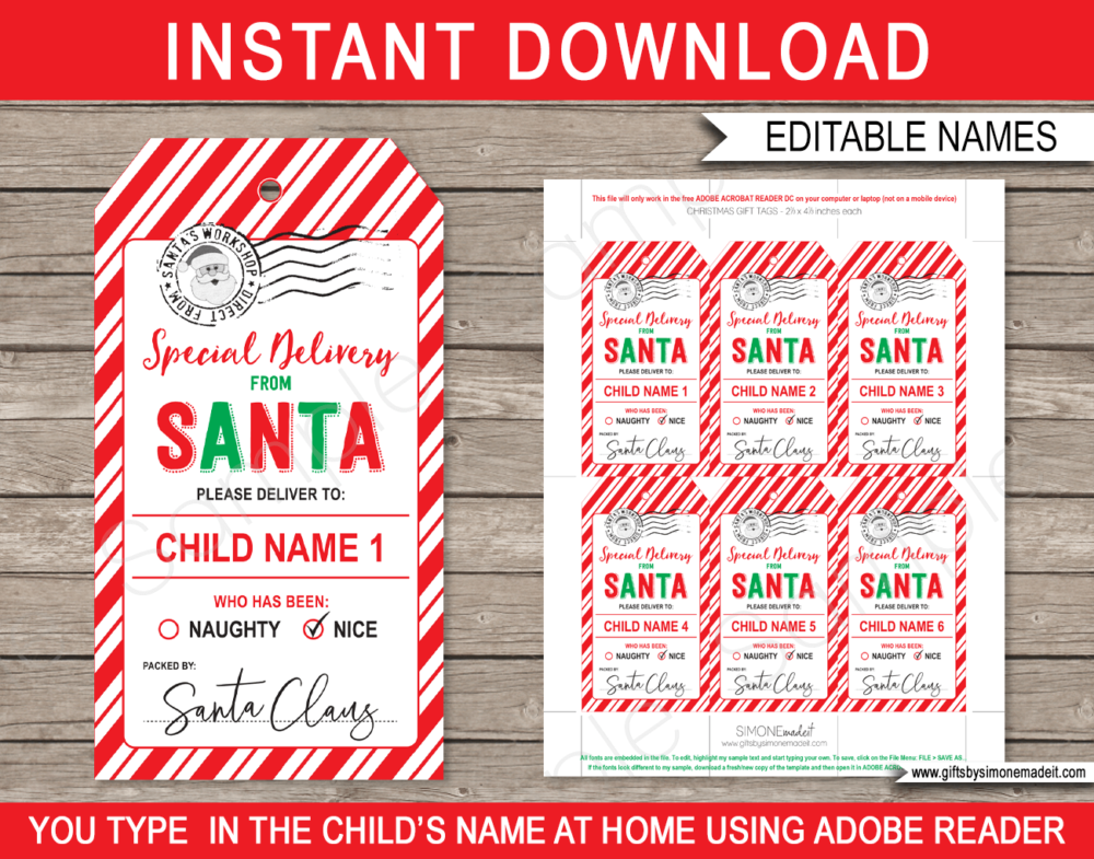 Printable Christmas Santa Gift Tags Template | Custom Tags from Santa's Workshop in the North Pole | Santa Claus | DIY Editable Text | INSTANT DOWNLOAD via giftsbysimonemadeit.com