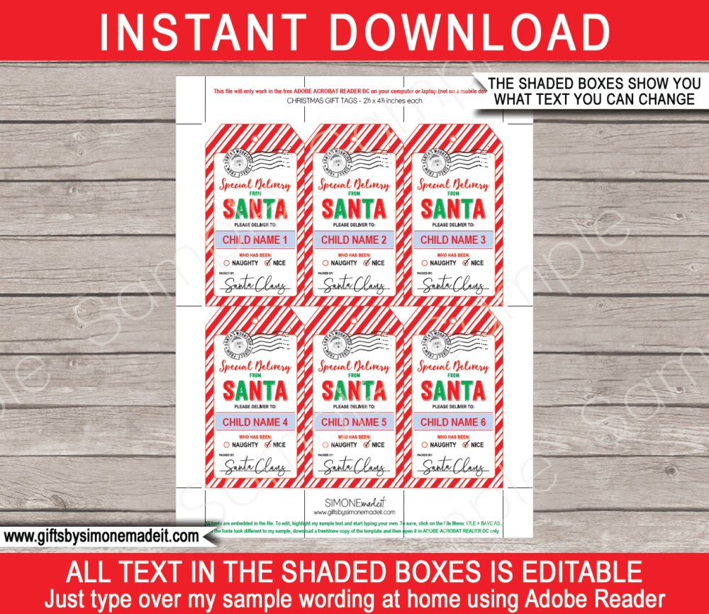 Printable Christmas Santa Gift Tags Template | Custom Tags from Santa's Workshop in the North Pole | Santa Claus | DIY Editable Text | INSTANT DOWNLOAD via giftsbysimonemadeit.com