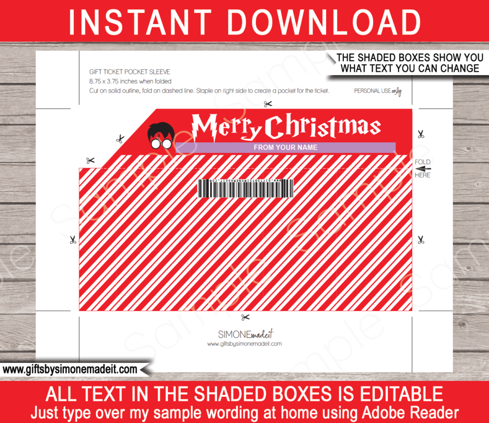 Christmas Harry Potter Ticket Sleeve Template | Gift Voucher Pocket | Envelope Holder | INSTANT DOWNLOAD via giftsbysimonemadeit.com