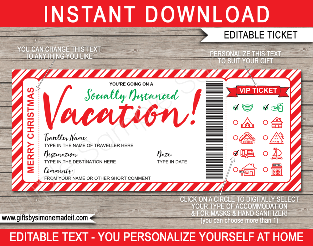 Printable Christmas Socially Distanced Vacation Gift Ticket Template | Covid Holiday Idea | Surprise Trip Reveal | Camping Tent, Log Cabin, Ski Lodge Resort, Mountain/Lake House, Caravan, Sailing Boat, Airbnb or Hotel | DIY Editable Text | INSTANT DOWNLOAD via giftsbysimonemadeit.com
