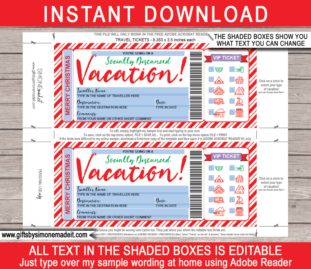 Printable Christmas Socially Distanced Vacation Gift Ticket Template | Covid Holiday Idea | Surprise Trip Reveal | Camping Tent, Log Cabin, Ski Lodge Resort, Mountain/Lake House, Caravan, Sailing Boat, Airbnb or Hotel | DIY Editable Text | INSTANT DOWNLOAD via giftsbysimonemadeit.com