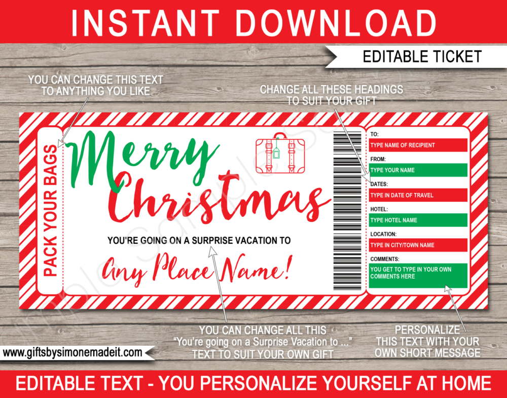 Printable Christmas Surprise Vacation Travel Ticket Template | Gift Idea | Holiday, Weekend Away, Getaway, Trip | DIY Editable Text | INSTANT DOWNLOAD via giftsbysimonemadeit.com