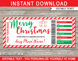 Printable Christmas Surprise Vacation Travel Ticket Template | Gift Idea | Holiday, Weekend Away, Getaway, Trip | DIY Editable Text | INSTANT DOWNLOAD via giftsbysimonemadeit.com