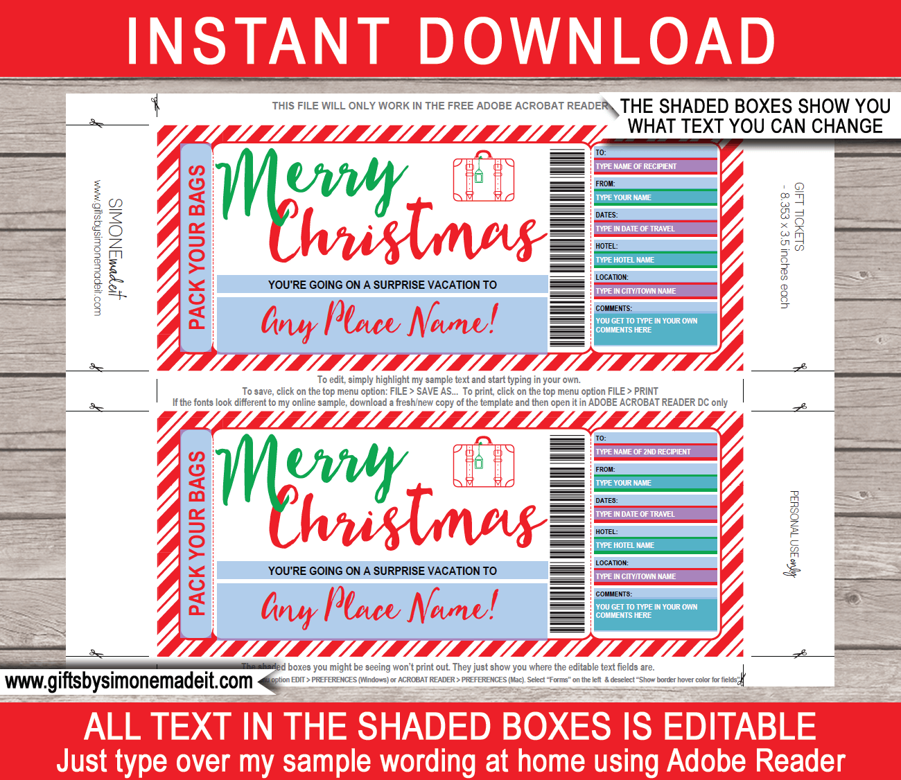 Christmas Surprise Vacation Travel Ticket Template Gift Reveal Idea
