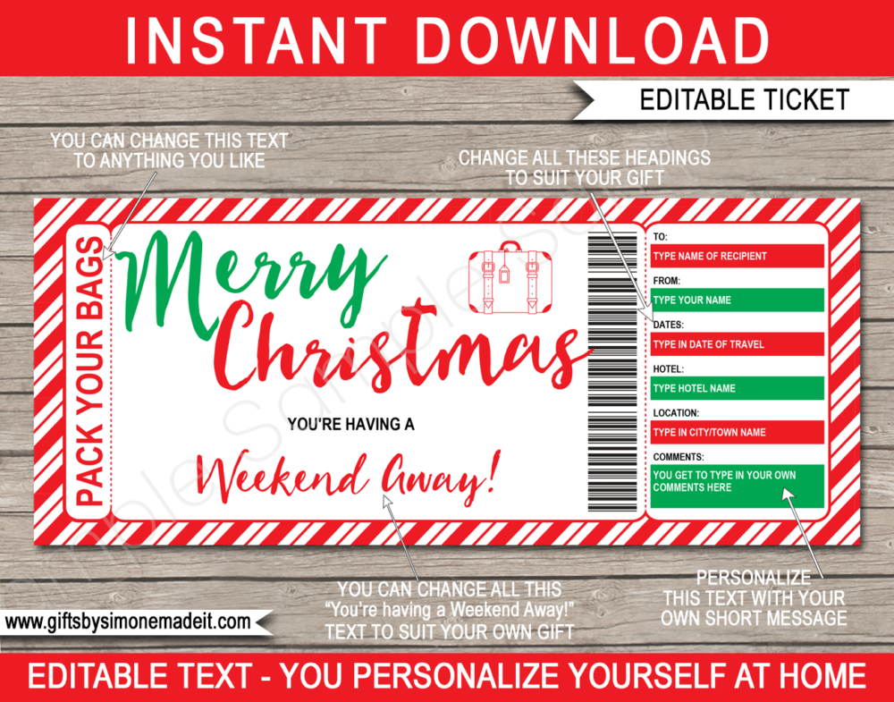Printable Christmas Weekend Away Gift Vouchers Template | Surprise Trip Away Reveal Gift Idea | Hotel, Resort | DIY Editable Text | INSTANT DOWNLOAD via giftsbysimonemadeit.com