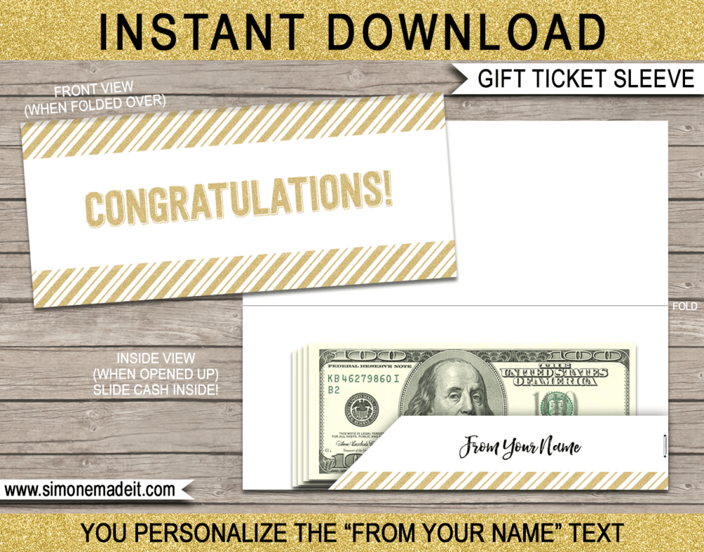 Gold Congratulations Money Sleeve Template | Printable Envelope | DIY Editable Text