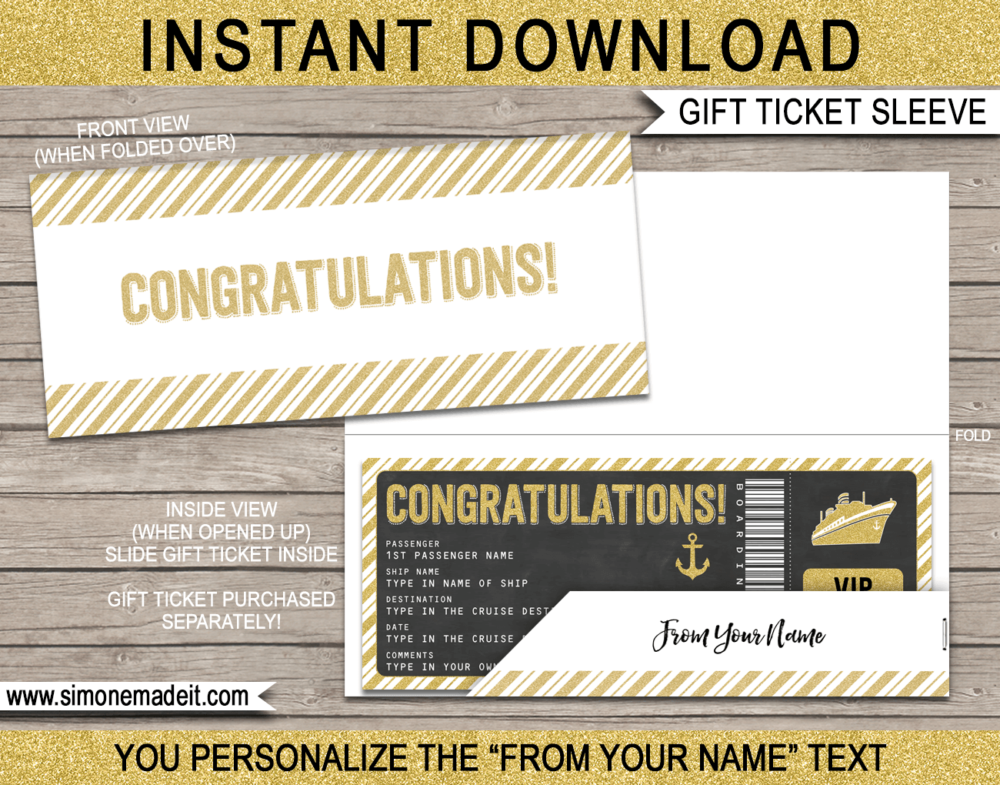 Gold Congratulations Cruise Ticket Sleeve Template | Printable Envelope | DIY Editable Text
