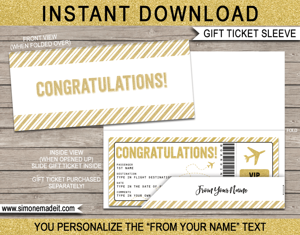 Gold Congratulations Boarding Pass Sleeve Template | Printable Envelope | DIY Editable Text