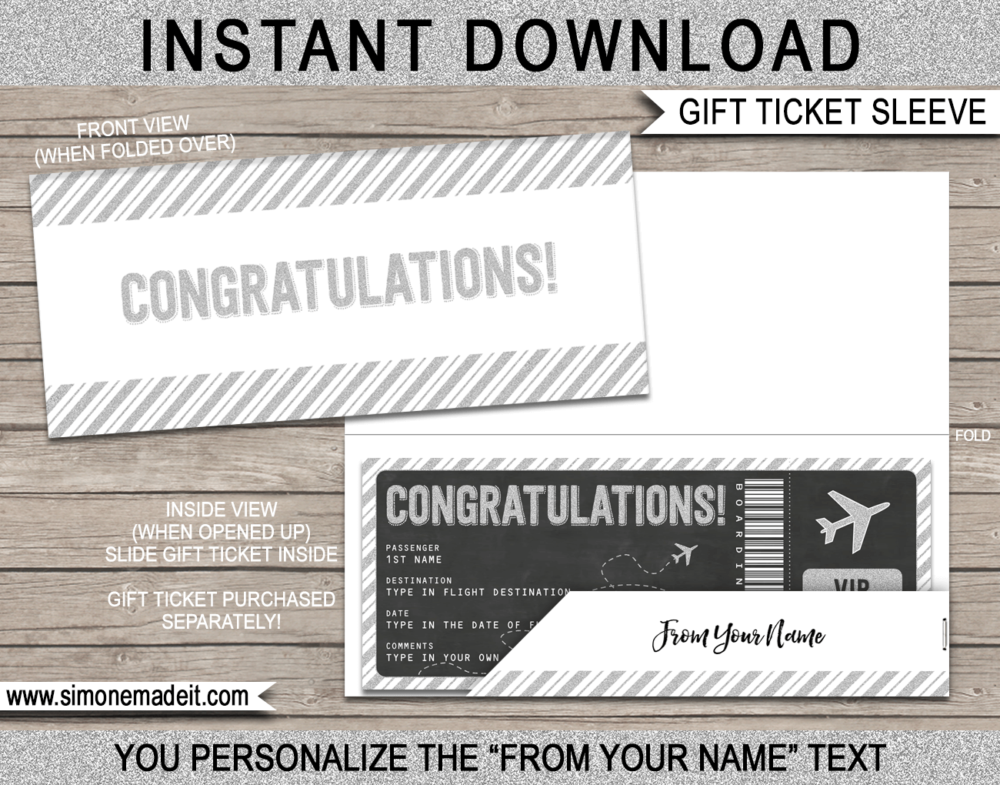 Silver Congratulations Cruise Ticket Sleeve Template | Printable Envelope | DIY Editable Text
