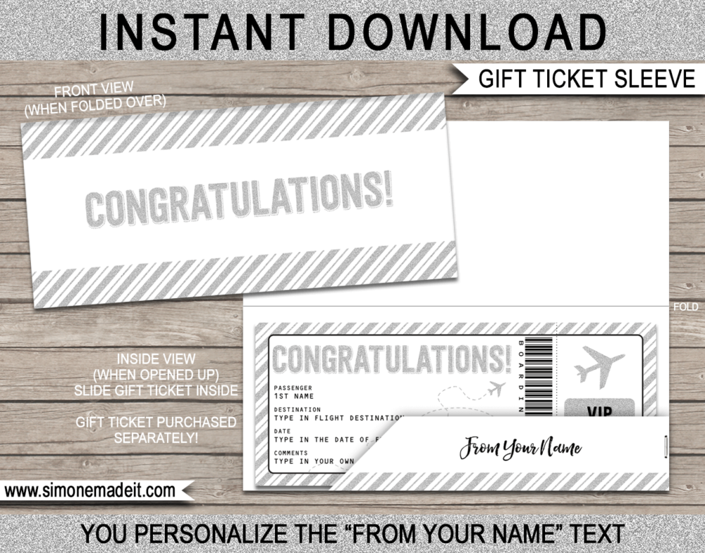 Silver Congratulations Plane Ticket Sleeve Template | Printable Envelope | DIY Editable Text